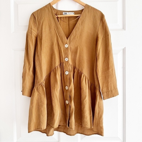 ZARA Tan Button Up Peplum‎ Blouse Tunic - Picture 3 of 6